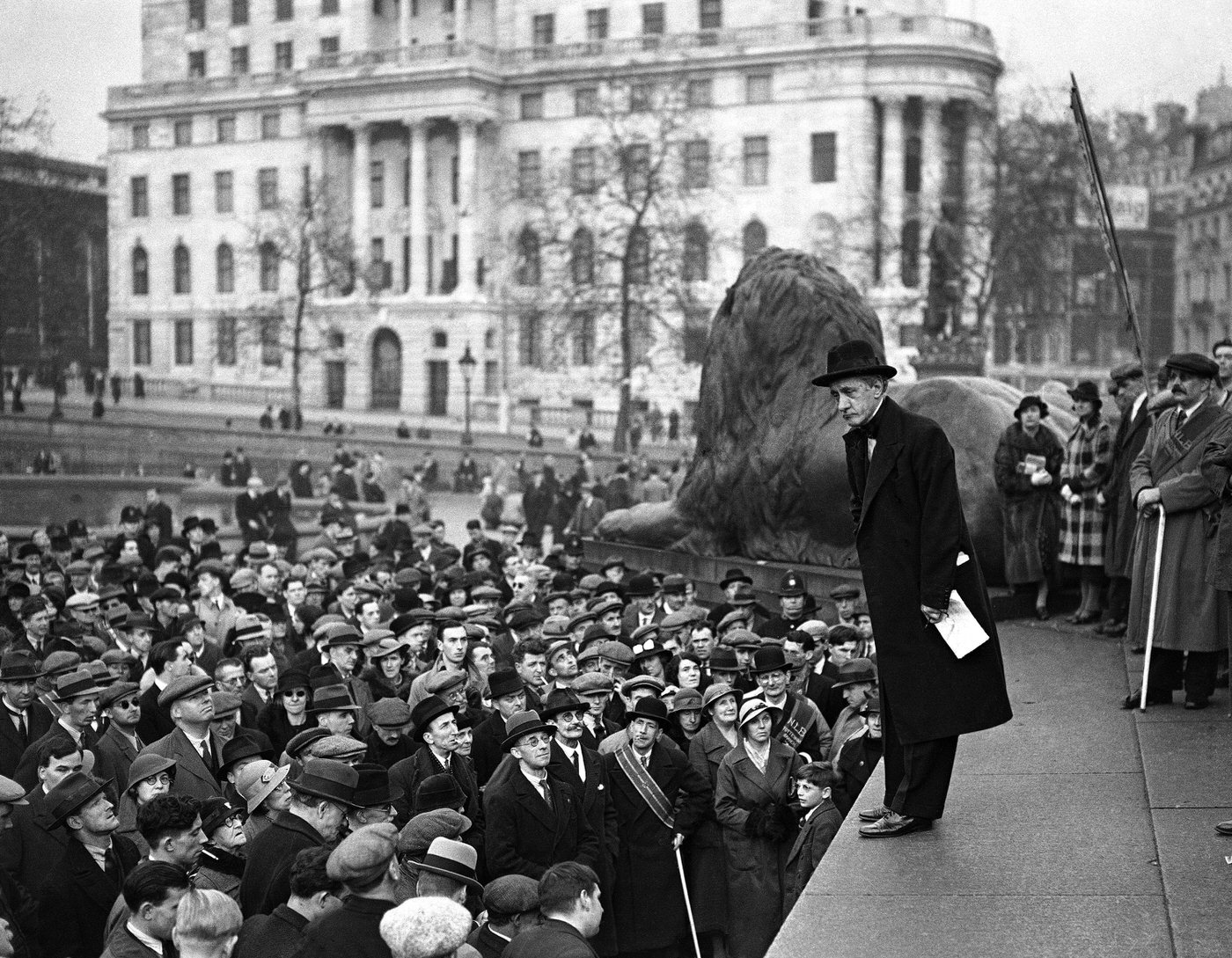 Hannen Swaffer addressing blind marchers in Trafalgar Square, 1936.