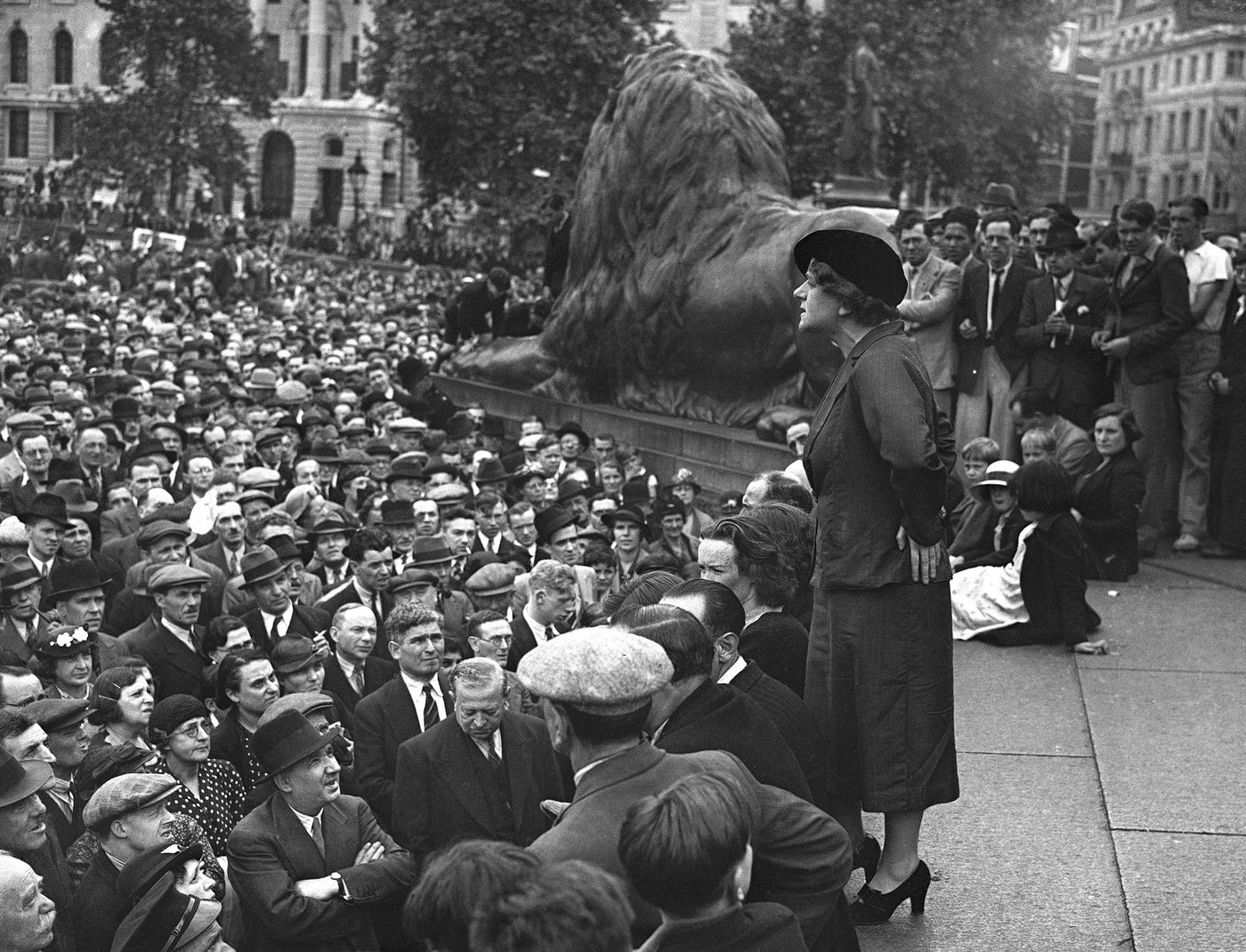 Ellen Wilkinson addressing a demonstration in Trafalgar Square supporting the International Labour Policy on Spain, 1937.