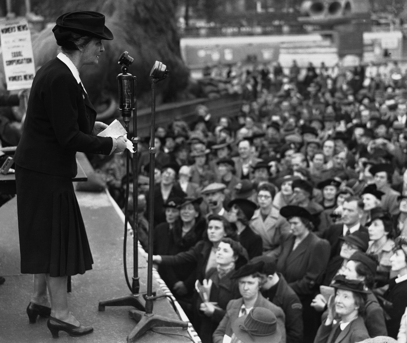 Lady Nancy Astor speaking at a Trafalgar Square meeting demanding equal war injury compensation, 1941.