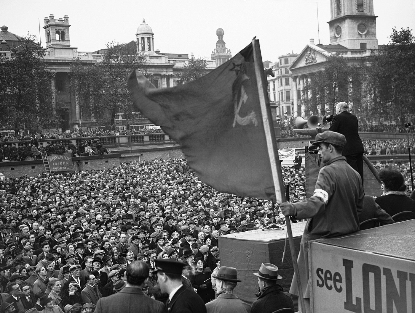 A rally in Trafalgar Square demanding a second front, featuring Fred Cotton, 1942.