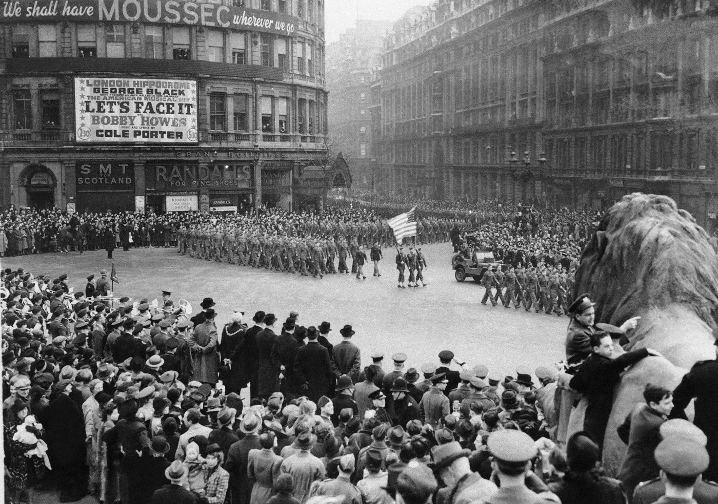An American contingent at an Allied nations "Wings for Victory" march in Trafalgar Square, 1943.