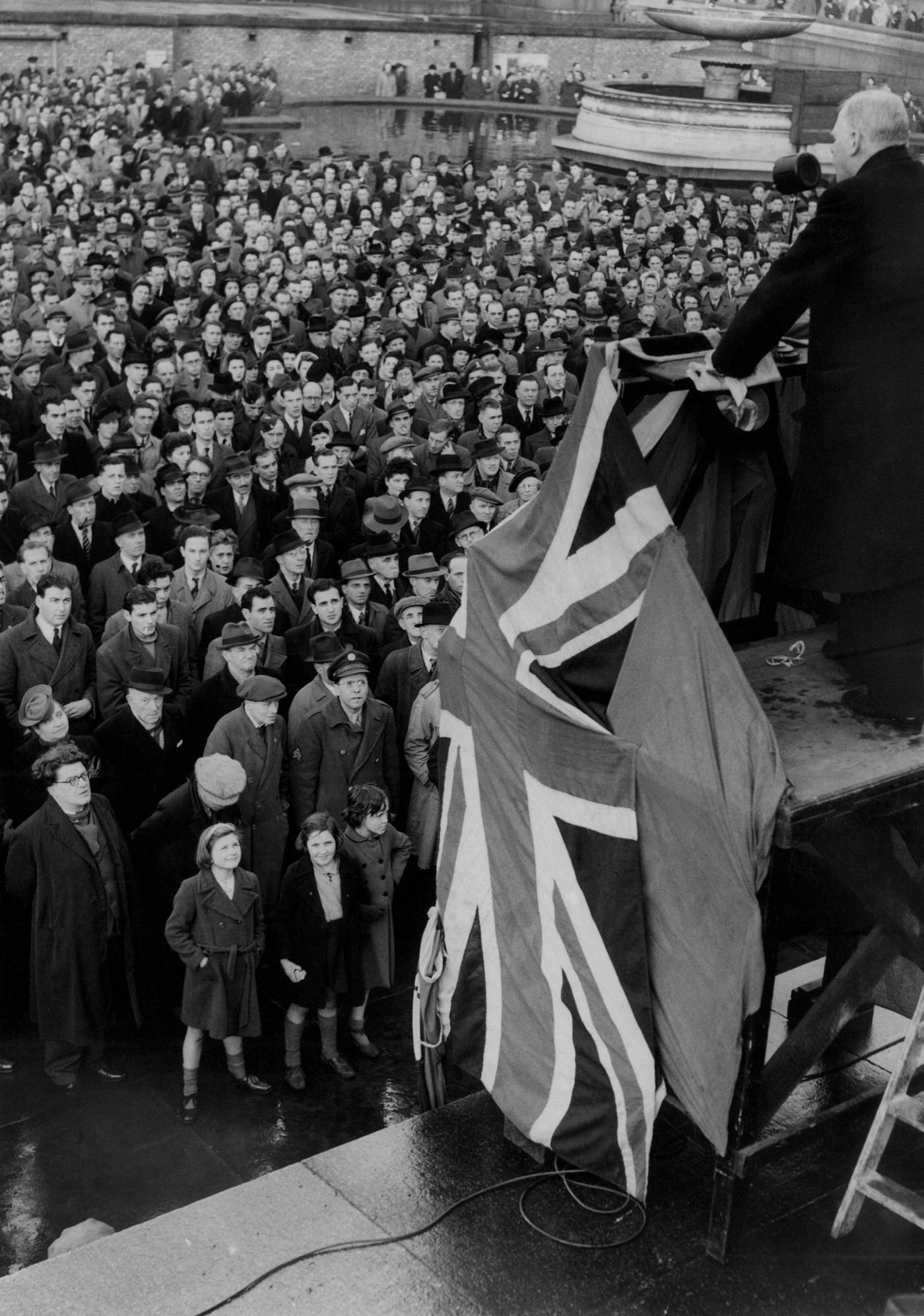 A demonstration against British policy in Greece in Trafalgar Square, featuring Dr. Haden Guest, 1944.