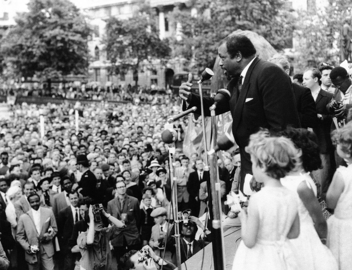 Paul Robeson speaking at an anti-H-bomb demonstration in Trafalgar Square, 1959.