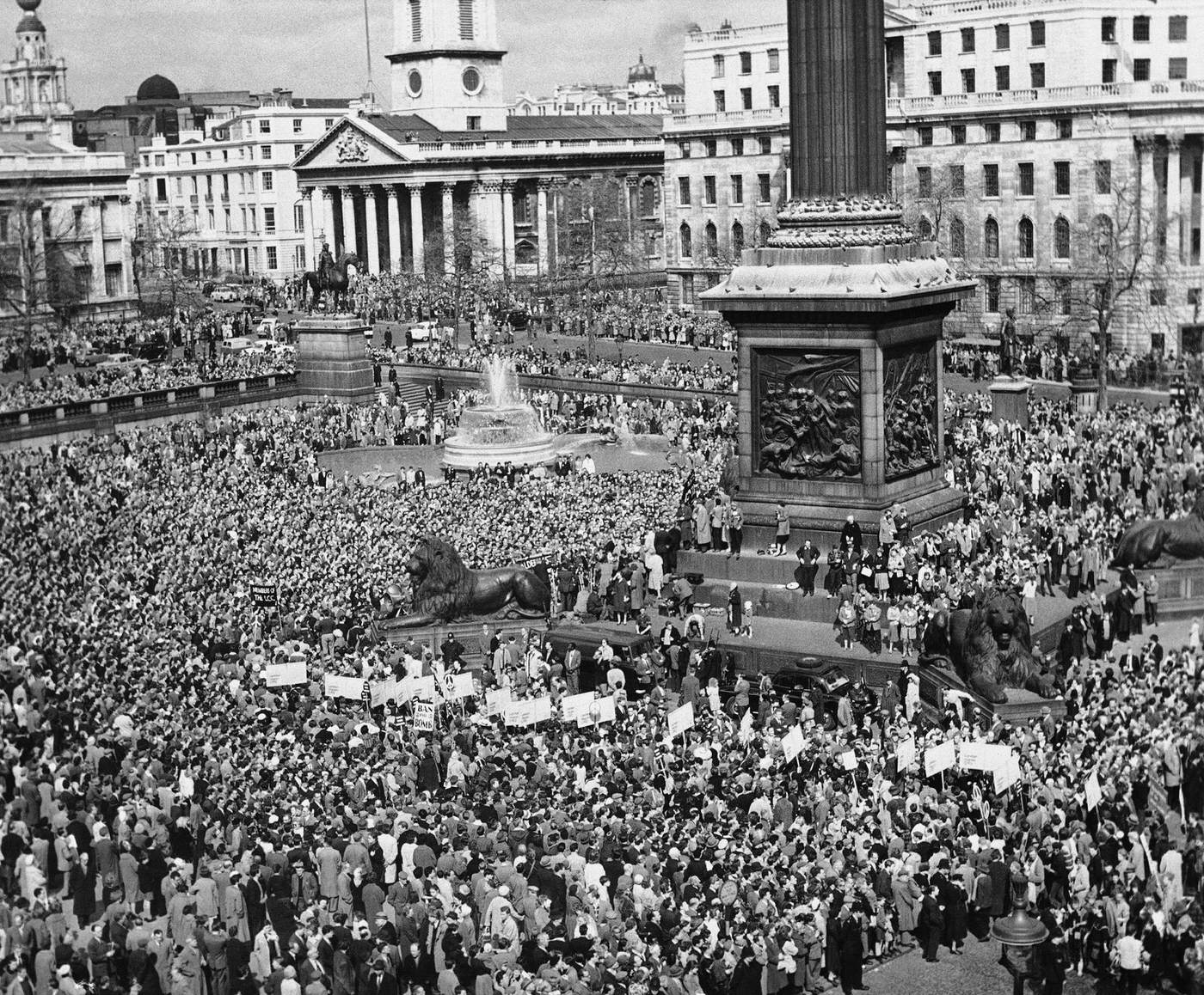 A "Ban the Bomb" demonstration in Trafalgar Square, 1960.