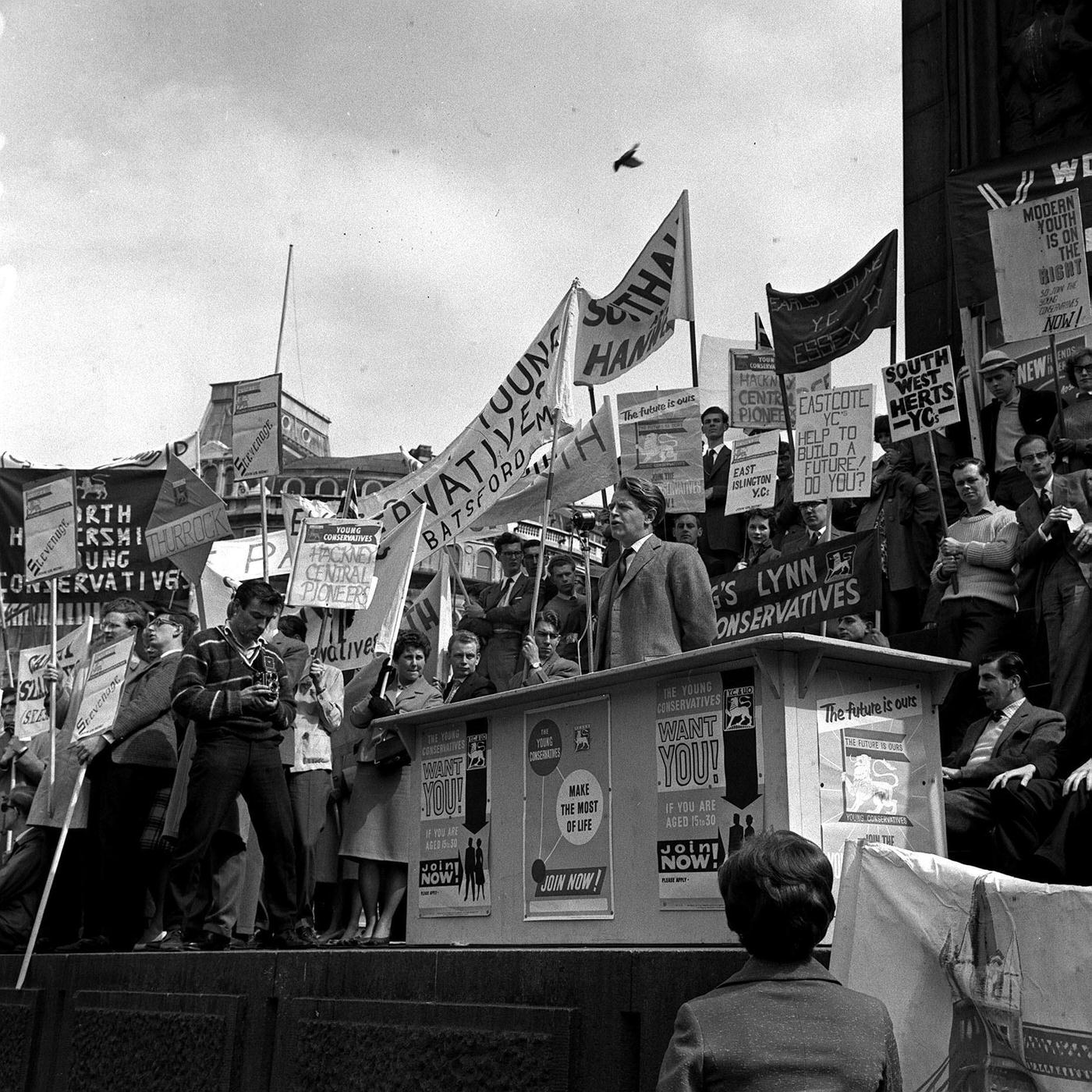 Christopher Chataway speaking at a Young Conservatives rally in Trafalgar Square, 1961.