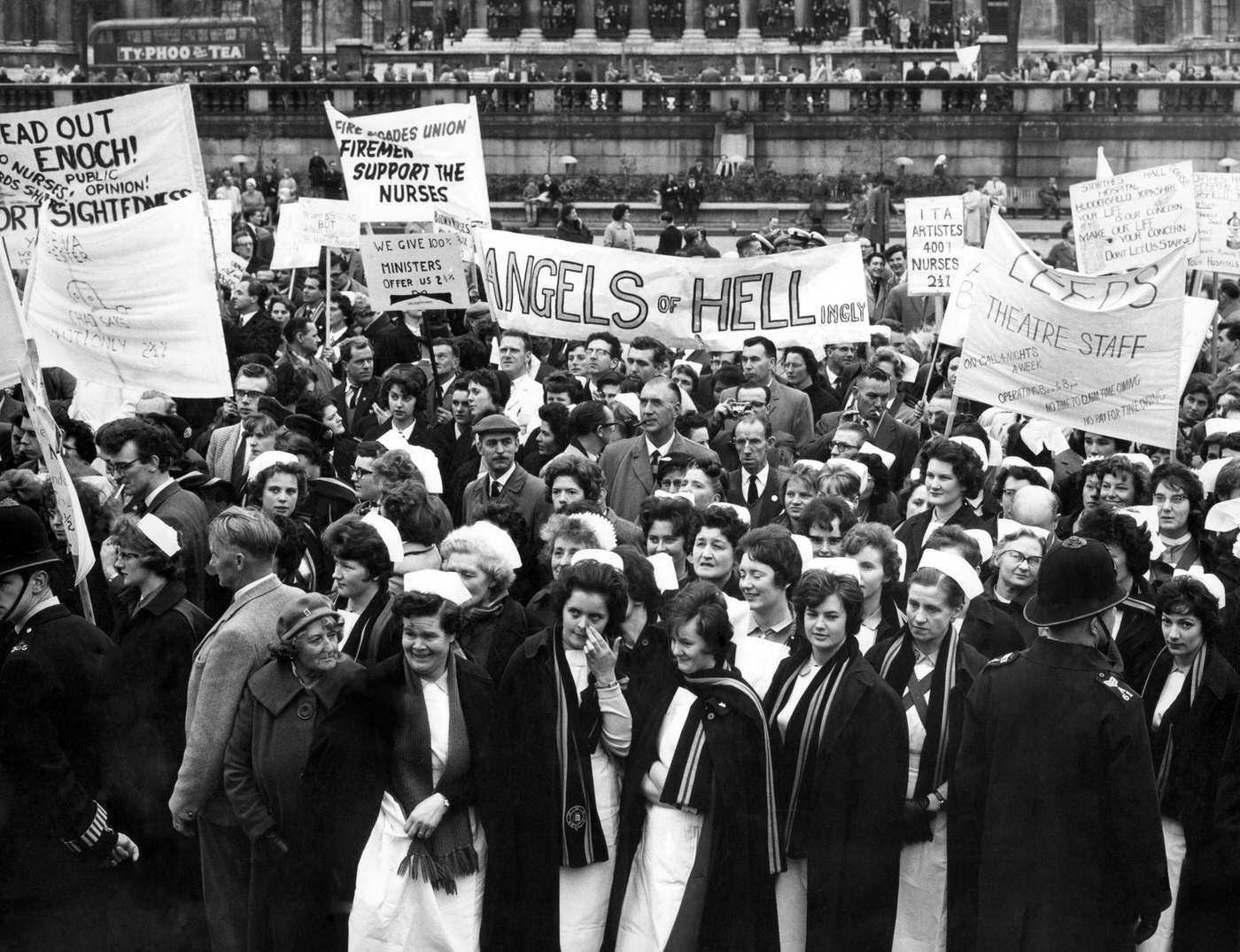 Nurses protesting pay rates in Trafalgar Square, 1962.