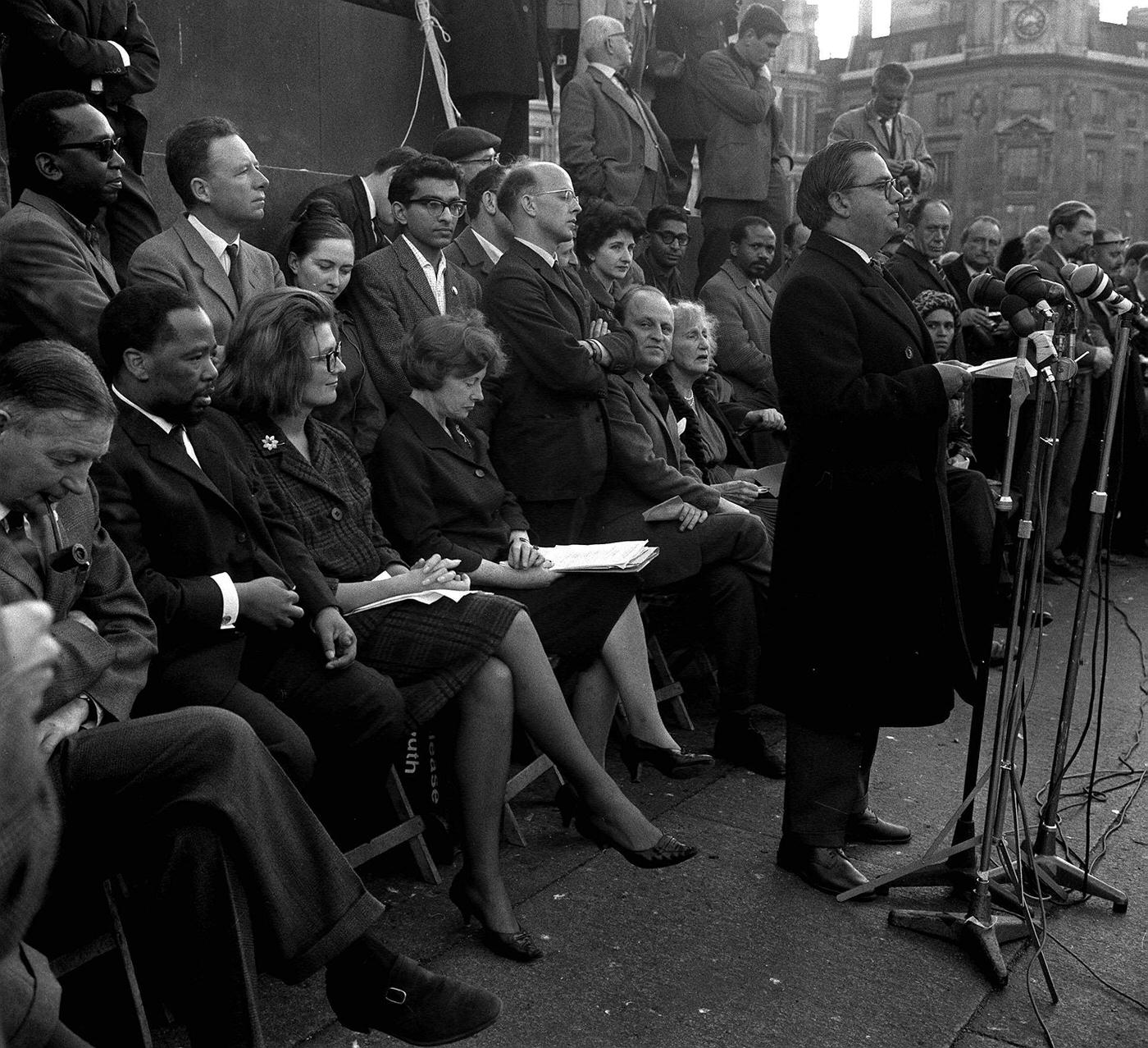 Woodrow Wyatt speaking at an anti-apartheid meeting in Trafalgar Square, 1963.