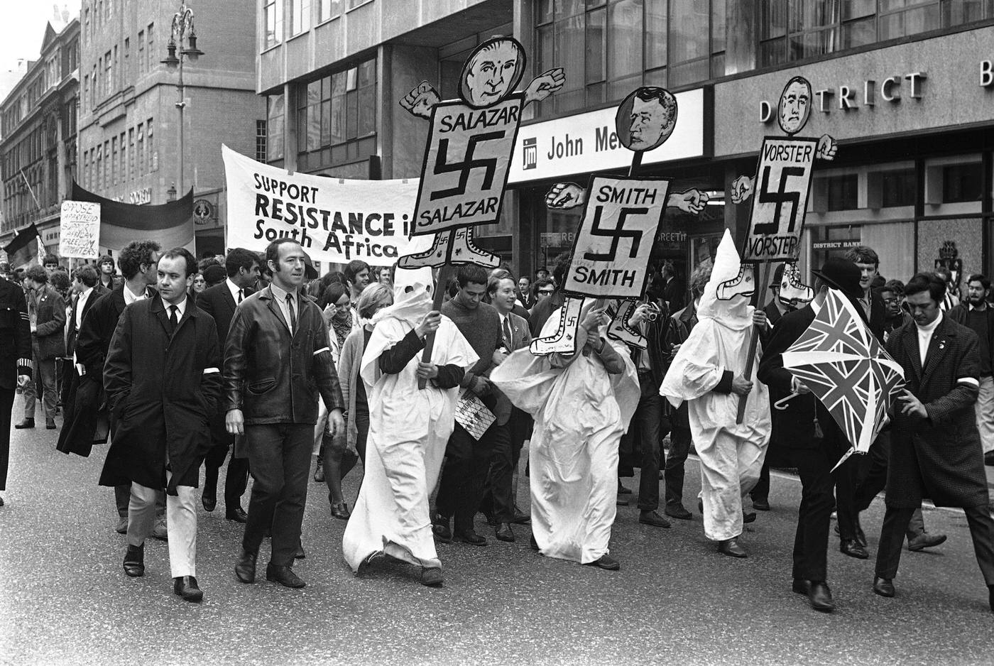 Anti-apartheid demonstrators with Nazi symbols in Trafalgar Square, 1968.