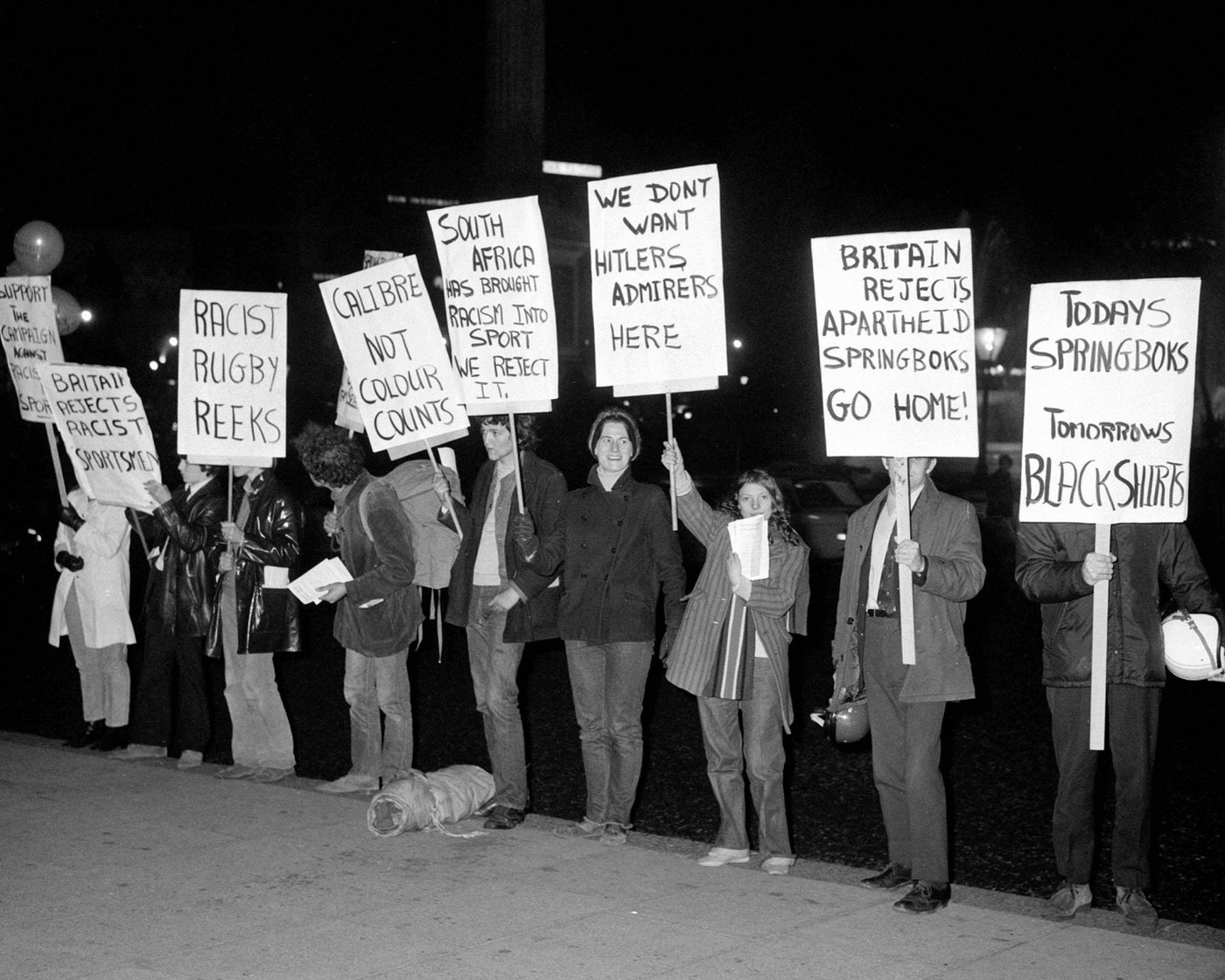 Anti-Apartheid protestors outside the South African Embassy in Trafalgar Square, date unknown.