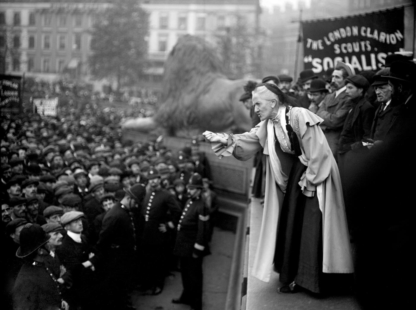 Charlotte Despard speaking to a crowd in Trafalgar Square, 1910.
