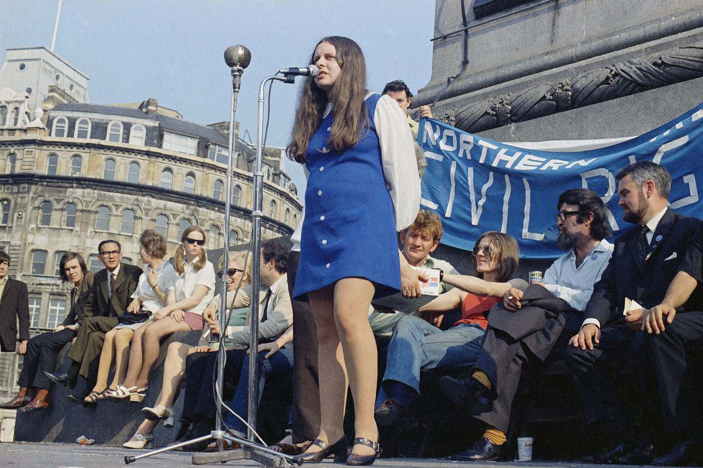Bernadette Devlin speaking at a rally in Trafalgar Square, 1971.