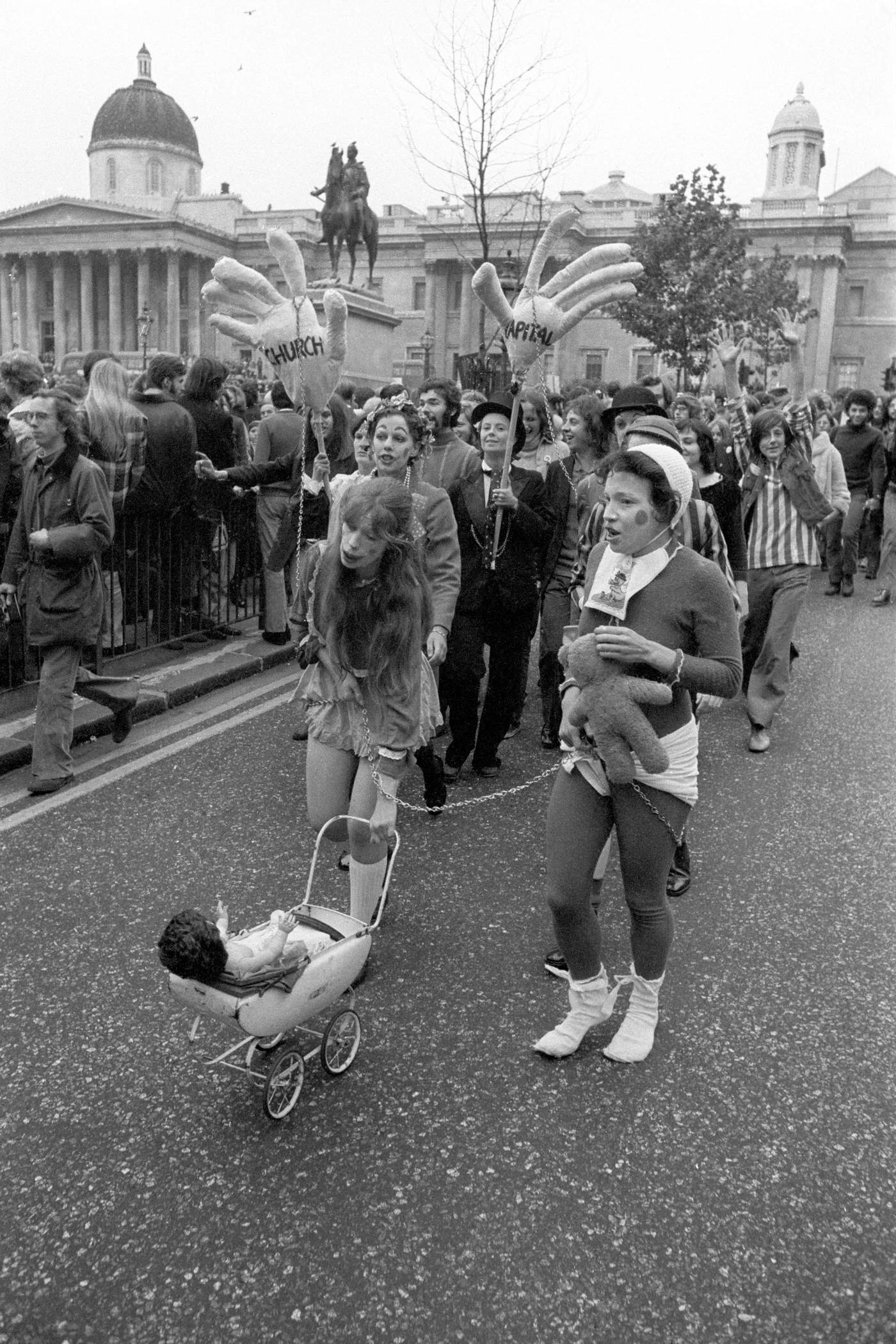 Women’s Liberation Street Theatre demonstrating against the Festival of Light, 1971.