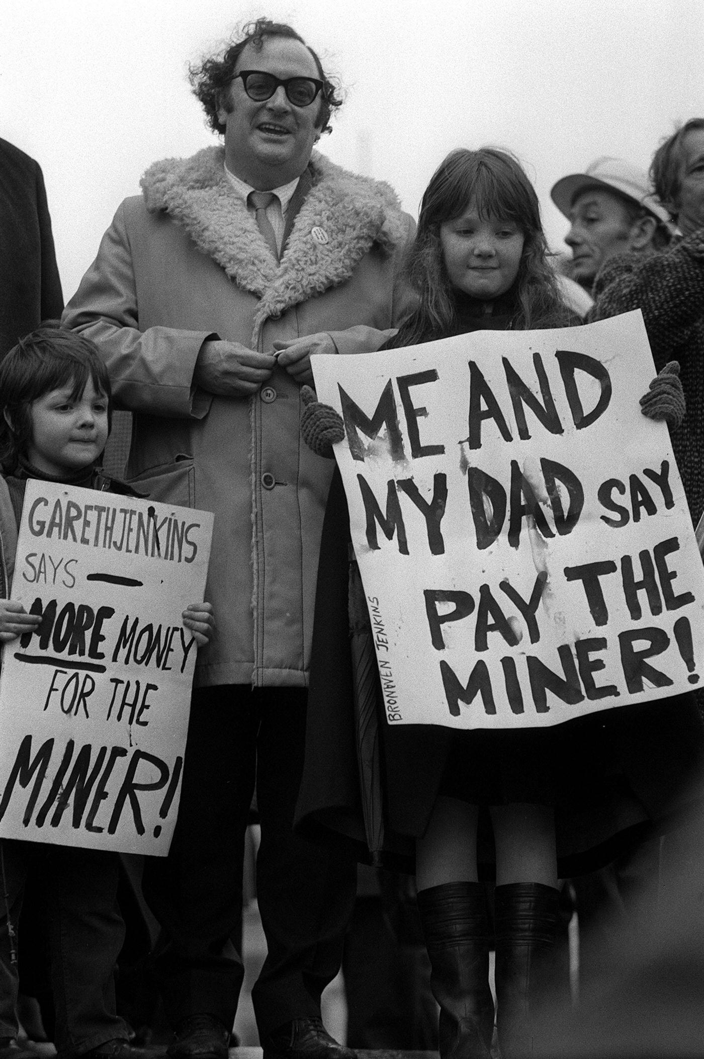 Gareth and Bronwen supporting their father at a miners' rally in Trafalgar Square, date unknown.