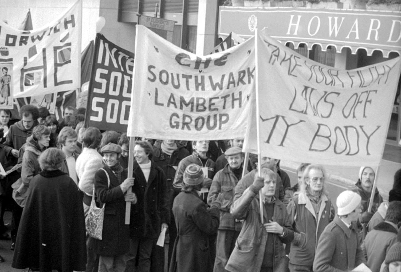Demonstrators marching to Trafalgar Square for a rally organized by the National Gay News Defence Committee, 1978.