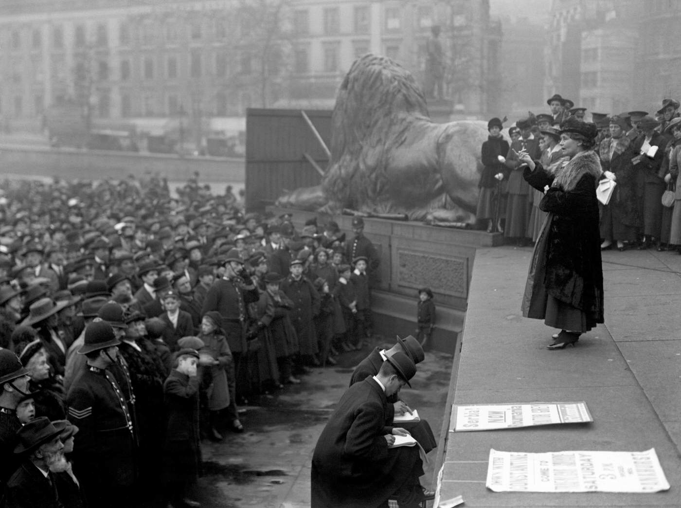 Emmeline Pankhurst and Norah Dacre Fox speaking at a Trafalgar Square meeting on the Rumanian Crisis, 1916.
