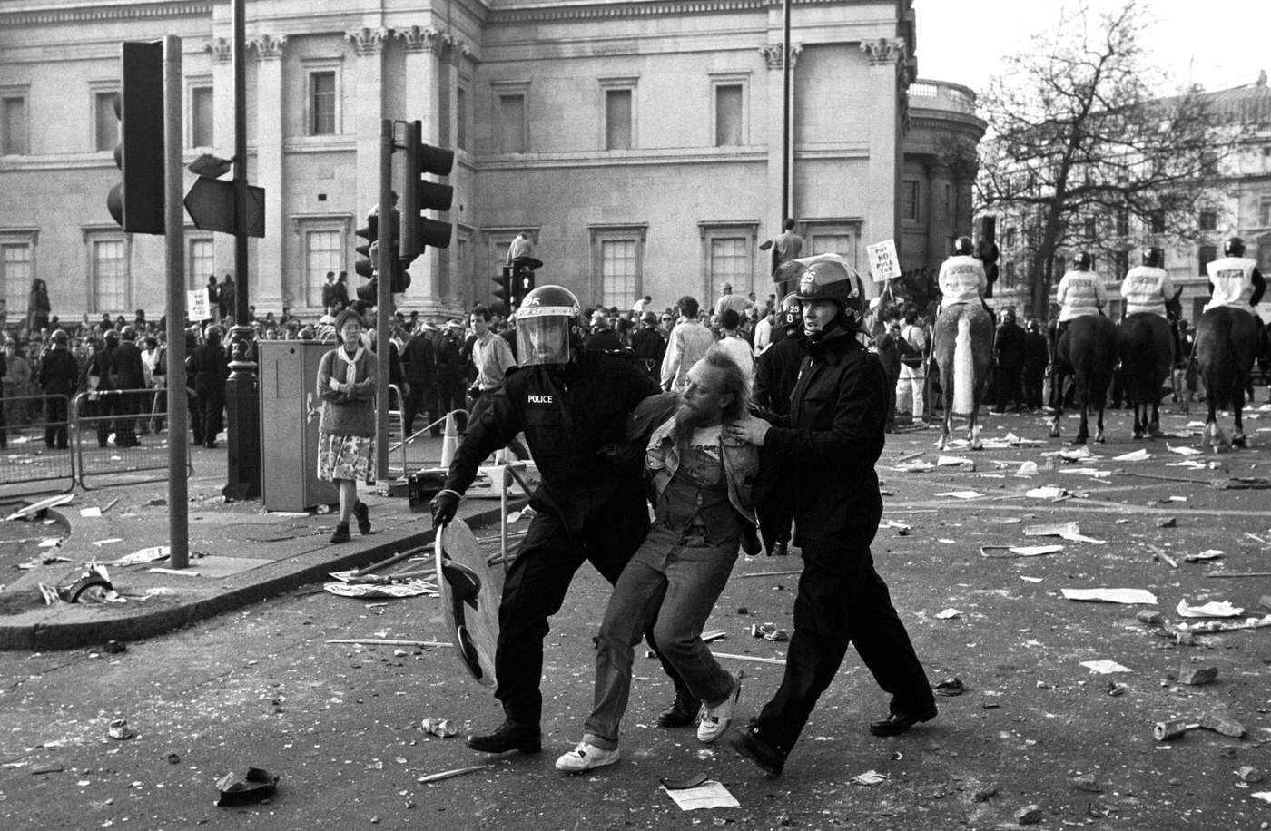 A demonstration against the Poll Tax that turned into a riot in Trafalgar Square, 1990.