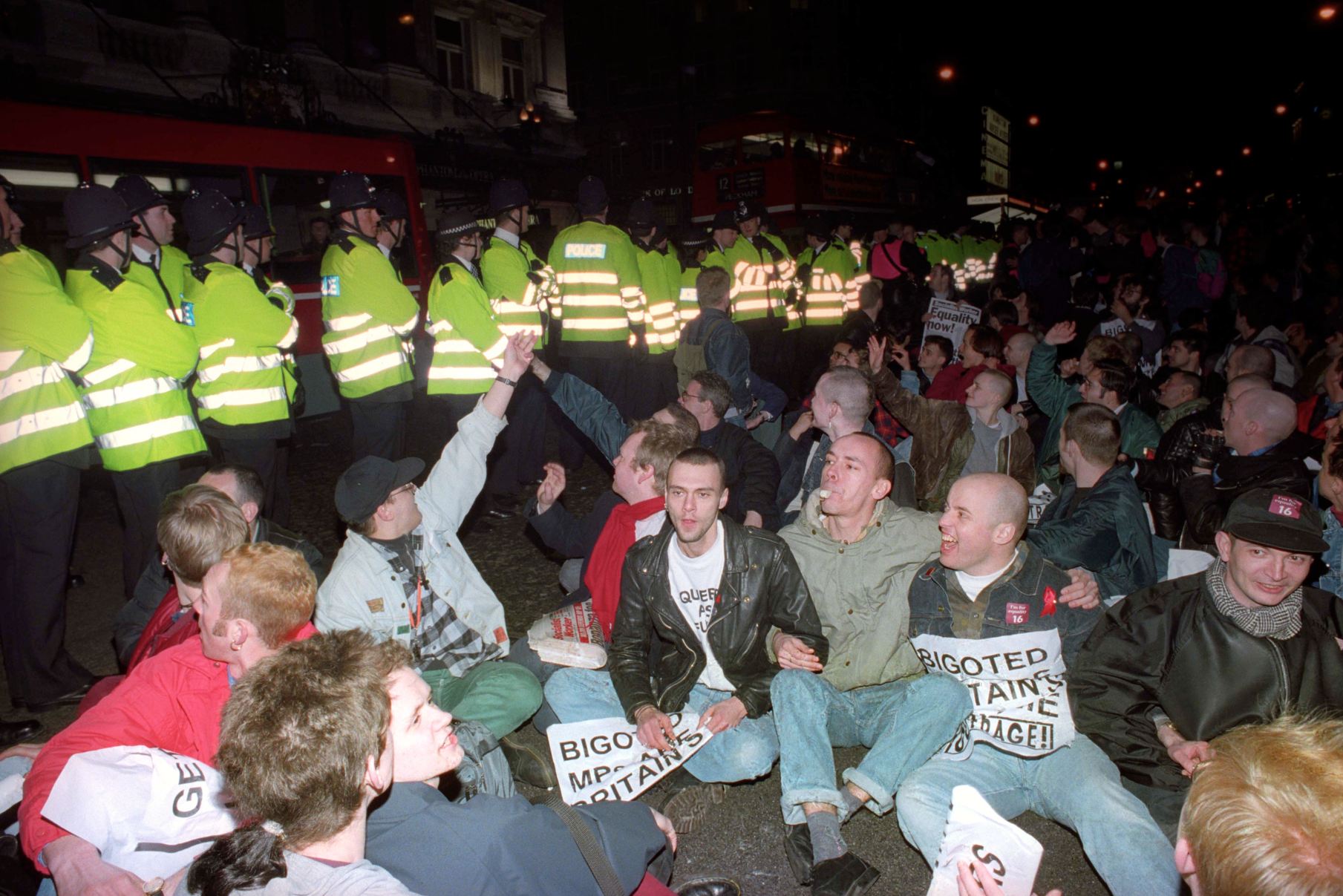 Gay rights activists staging a sit-down protest in the Haymarket, 1994.