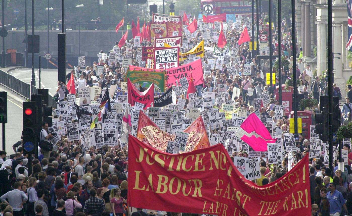 A CND march from Hyde Park to Trafalgar Square against military strikes on Afghanistan, date unknown.
