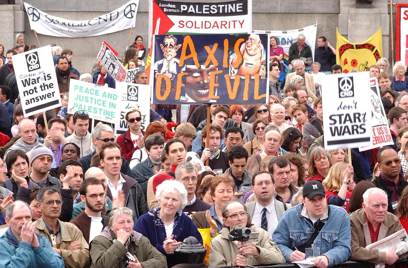 An anti-war protest in Trafalgar Square organized by CND, 2004.