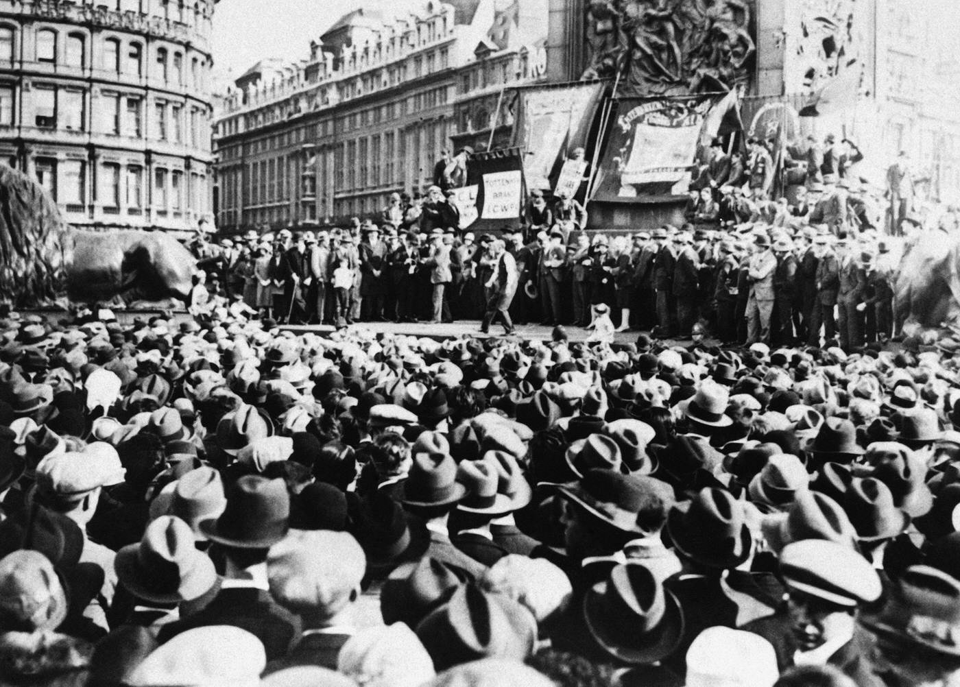 A memorial demonstration for Sacco and Vanzetti in Trafalgar Square, 1927.