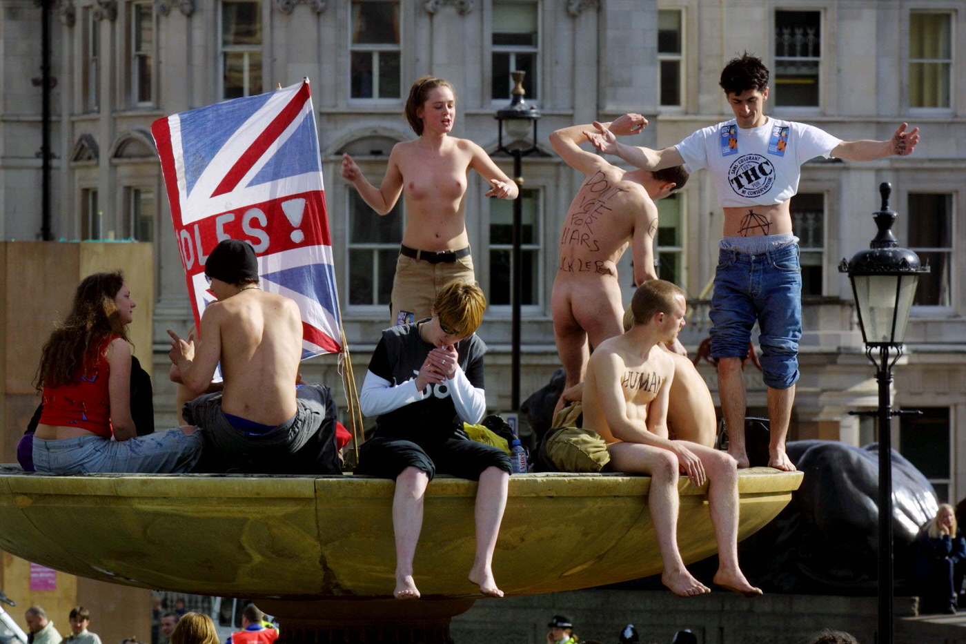 May Day protesters in Trafalgar Square, 2002.