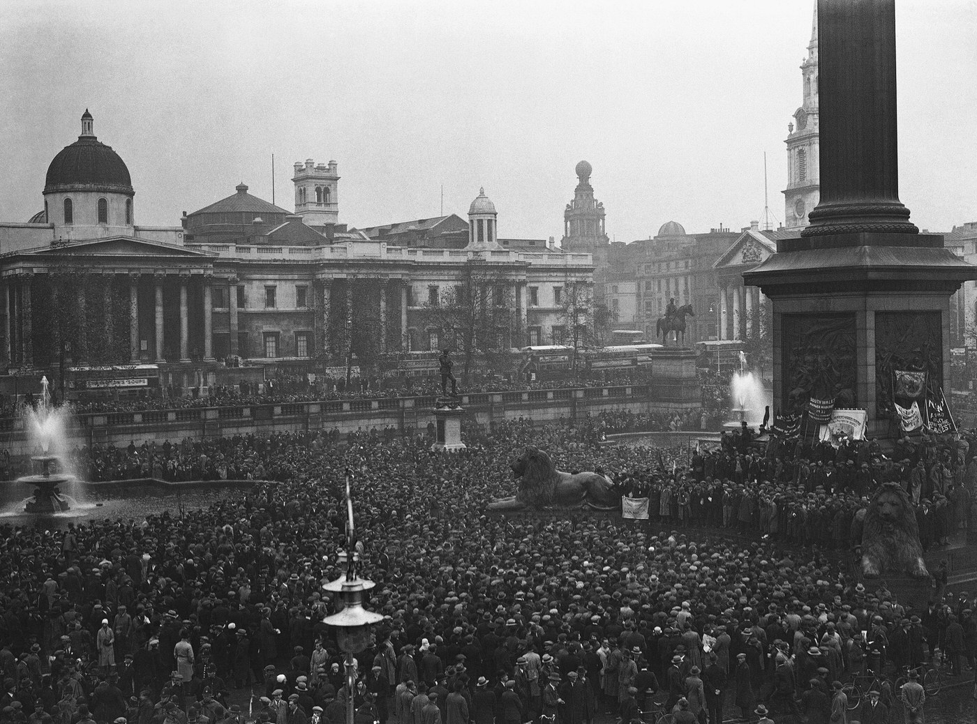 A demonstration of unemployed people in Trafalgar Square, 1932.
