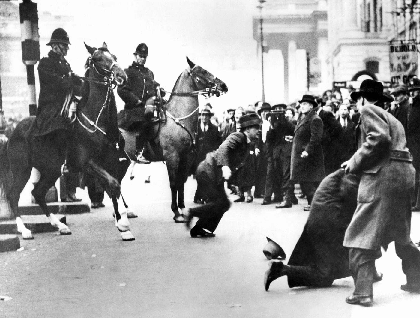 An incident during the Hunger Marchers' demonstration in Trafalgar Square, 1934.