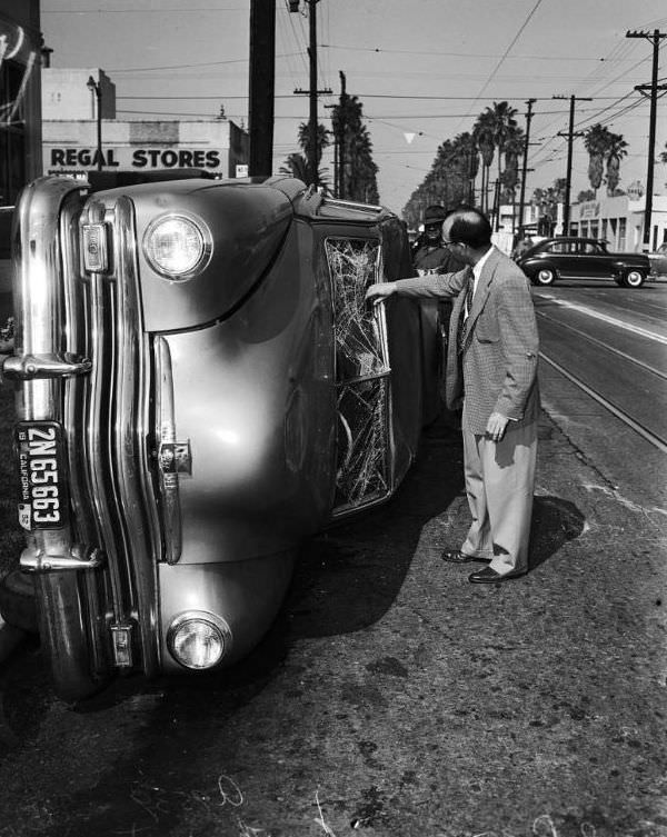 Overturned car at 54th Street and Western Avenue, Los Angeles, April 15, 1952