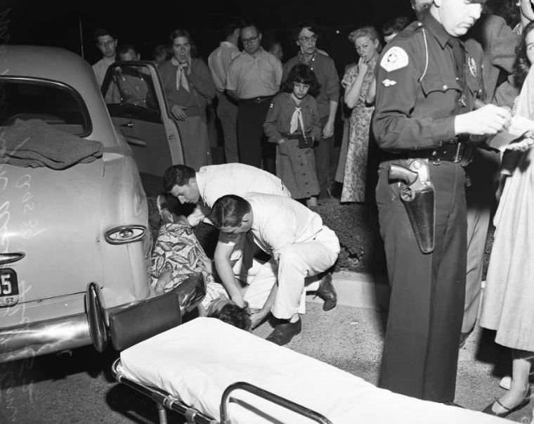 Two-car accident at Beverly Drive and Kirkside Road, West Los Angeles, April 4, 1952