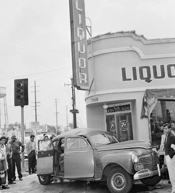 Auto on sidewalk, Culver City, California, 1954