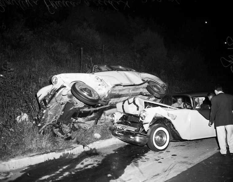 Pasadena Freeway accident at Bishops Road bridge, Los Angeles, July 22, 1955