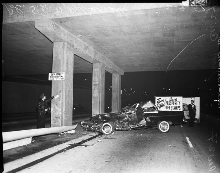 Auto accident at Rivergrade Road and San Bernardino Road, California, February 10, 1957