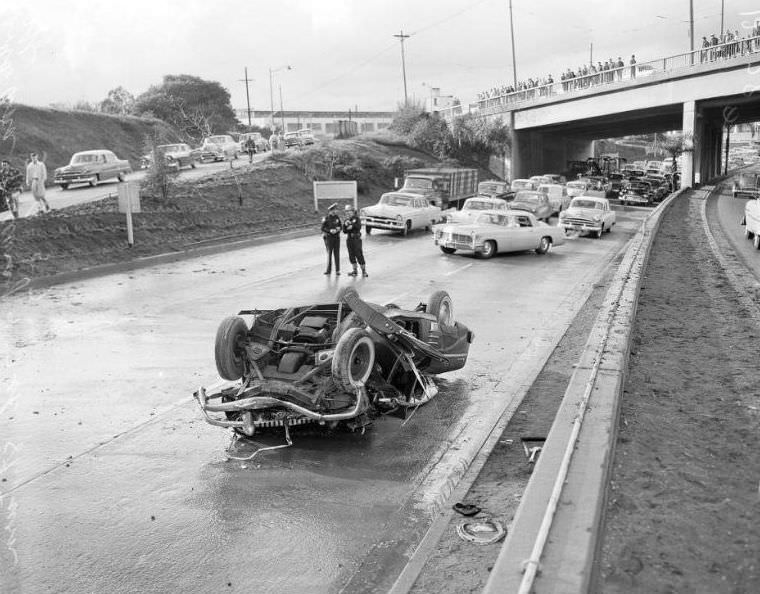 Traffic accident on Santa Ana Freeway at 7th Street turnoff, Southern California, March 9, 1957