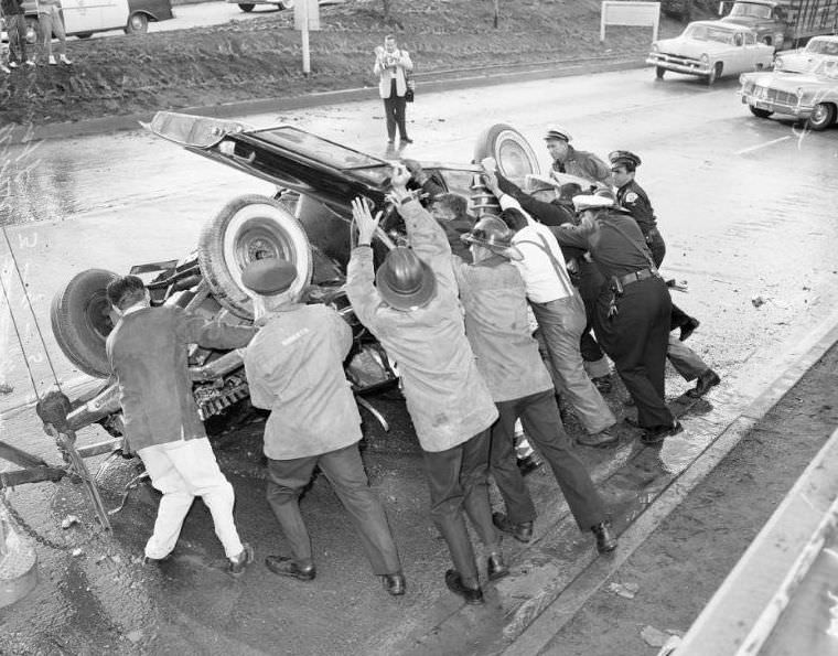 Traffic accident on Santa Ana Freeway at 7th Street turnoff, Southern California, March 9, 1957