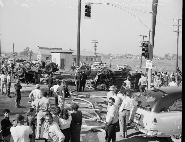 Gasoline truck and four vehicles in wreck at 109th and Figueroa streets, Los Angeles, August 23, 1951