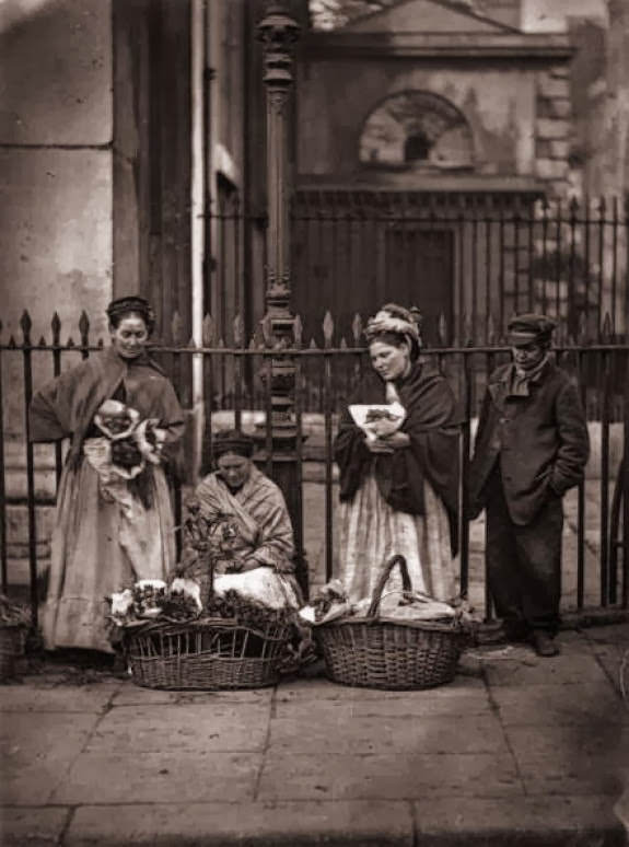 Victorian flower women selling bouquets at Covent Garden market, 1877.