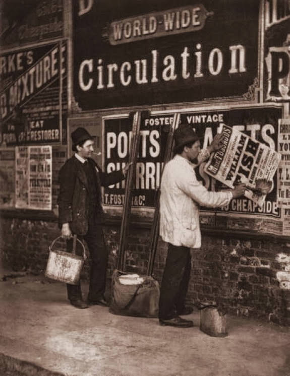 Victorian bill stickers advertising Madame Tussaud's, London, 1877.