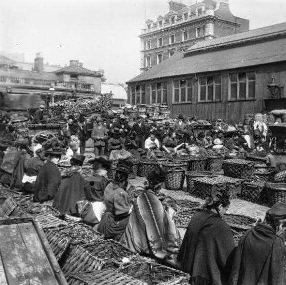 Women shelling walnuts at Covent Garden Market, London, 1890.