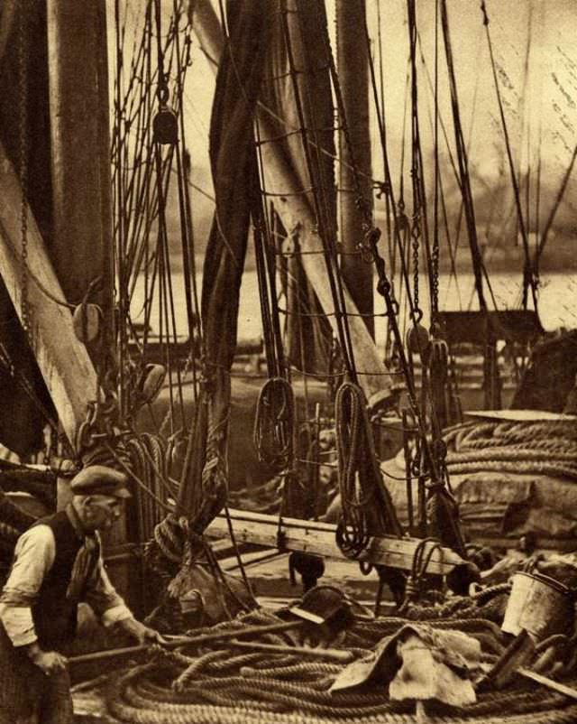 On the deck of a Thames Sailing Barge.