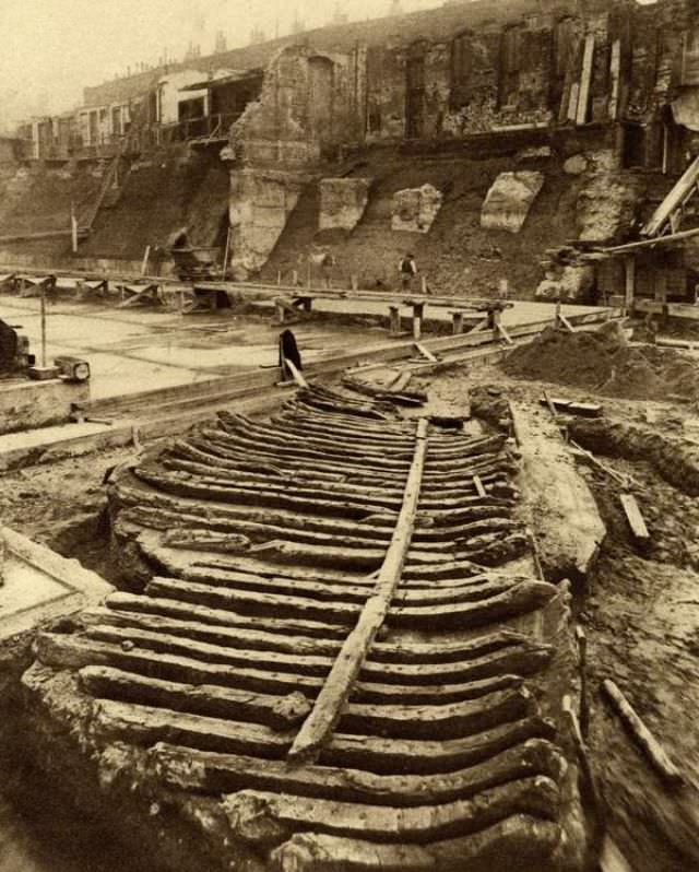 Roman galley discovered during County Hall construction, 1910.