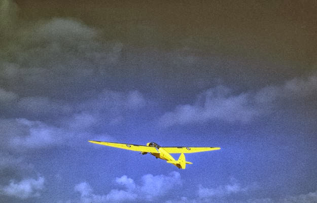 A Marine Corps glider in flight over Parris Island, South Carolina, 1942.