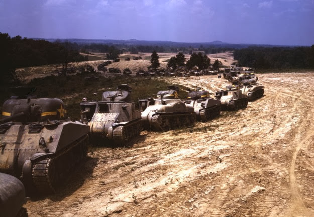 M-4 and M-3 tanks in training maneuvers at Fort Knox, Kentucky, 1942.