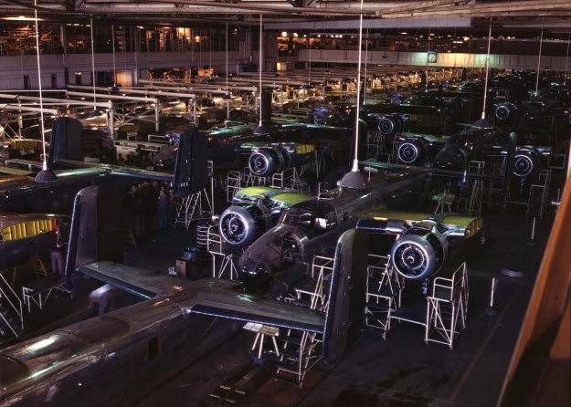 The B-25 final assembly line at North American Aviation’s Inglewood, California, plant, 1942.