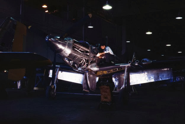 A P-51 Mustang fighter plane under construction at North American Aviation, Inc., Los Angeles, California, 1942.