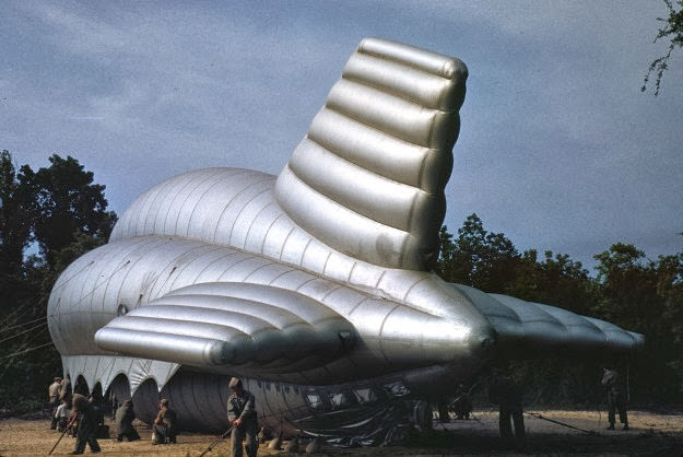 U.S. Marines bed down a barrage balloon at Parris Island, South Carolina, 1942.