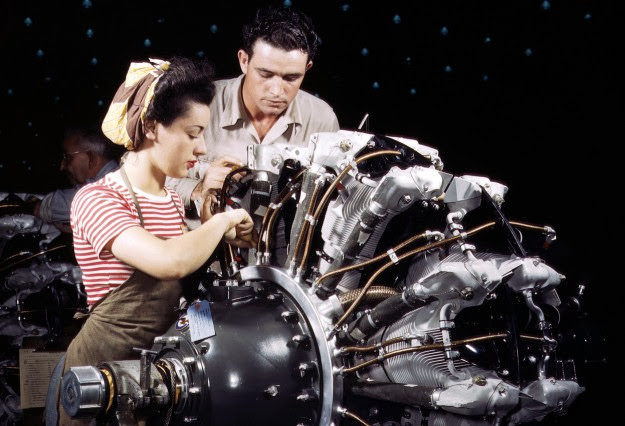 Women are trained as engine mechanics at the Douglas Aircraft Company in Long Beach, California, 1942.