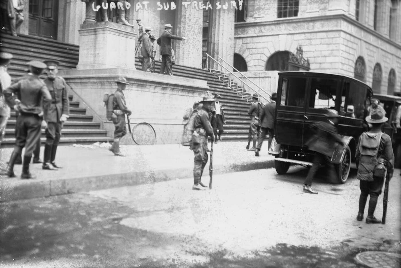 Guards at the subtreasury after the Wall Street bombing, New York City, 1920.