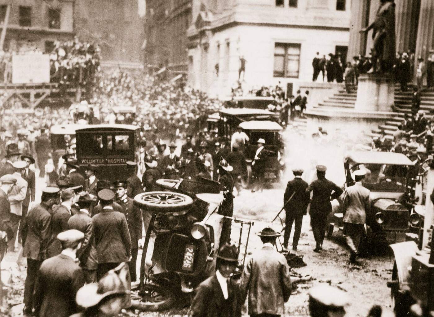 The bomb blast opposite J.P. Morgan & Co., New York City, 1920.