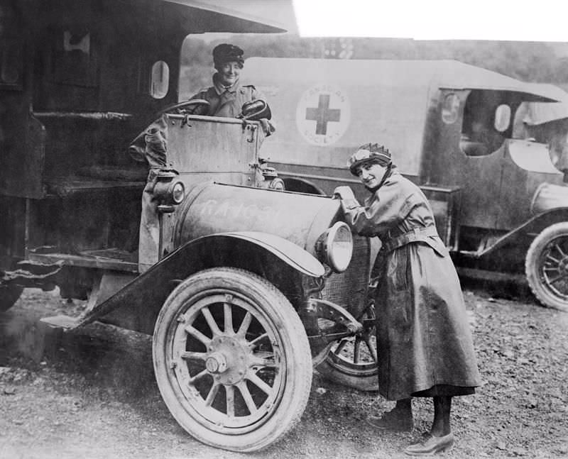 British ambulance drivers near the Front in France, 1916.
