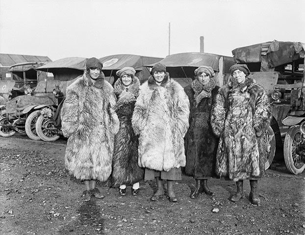 Five women ambulance drivers of the First Aid Nursing Yeomanry in Calais during World War I, 1917.